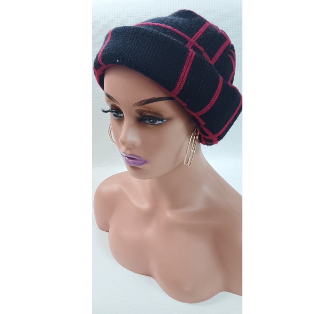 Handmade Knit Beanie Hat Black Red Gridβ Plaid Cuffed Winter Cap Heavy Weight